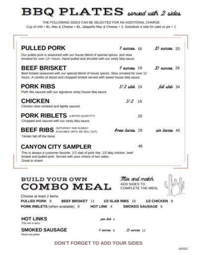 Menu – Canyon City Barbeque